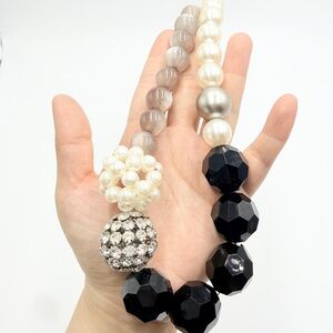 1946 Statement Necklace Mixed Beads Pearl Rhinestone Black Beige